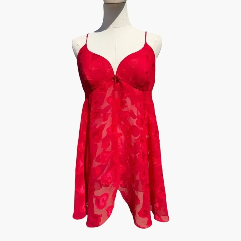 Victoria’s Secret Red Sheer Heart Lace Babydoll Chemise M Y2K